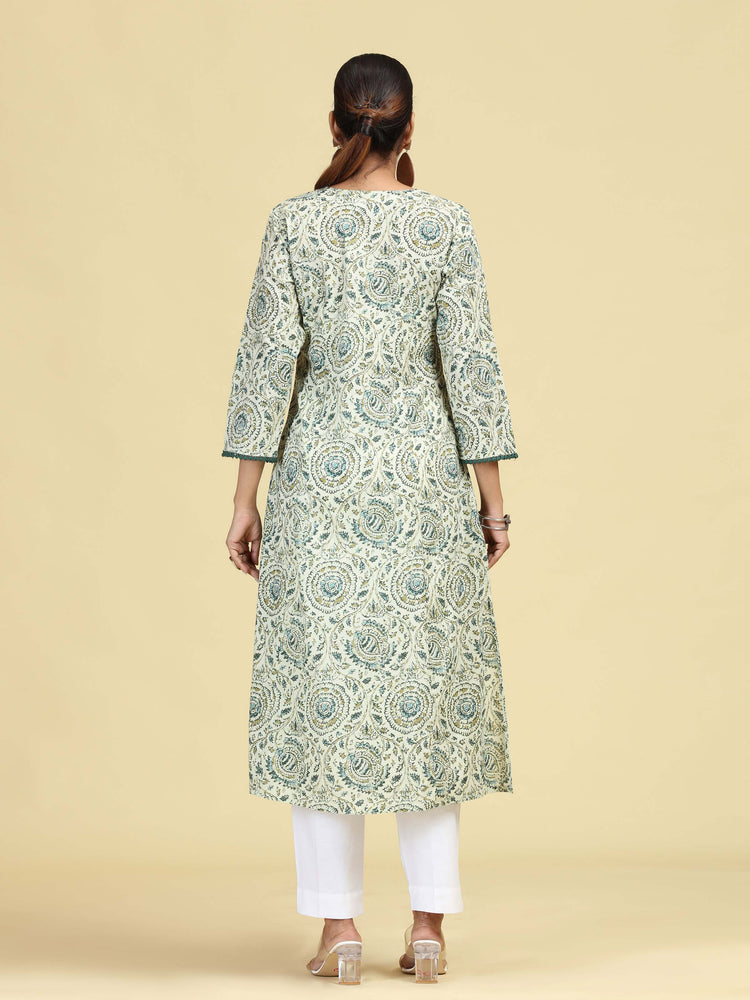 Off White & Green Printed Pure Cotton A-Line Kurta