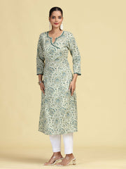 Off White & Green Printed Pure Cotton A-Line Kurta