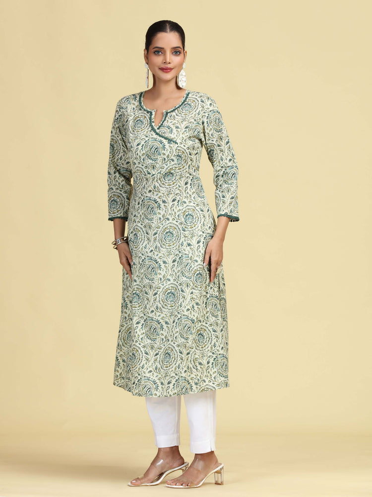 Off White & Green Printed Pure Cotton A-Line Kurta