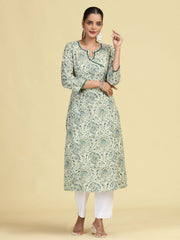Off White & Green Printed Pure Cotton A-Line Kurta