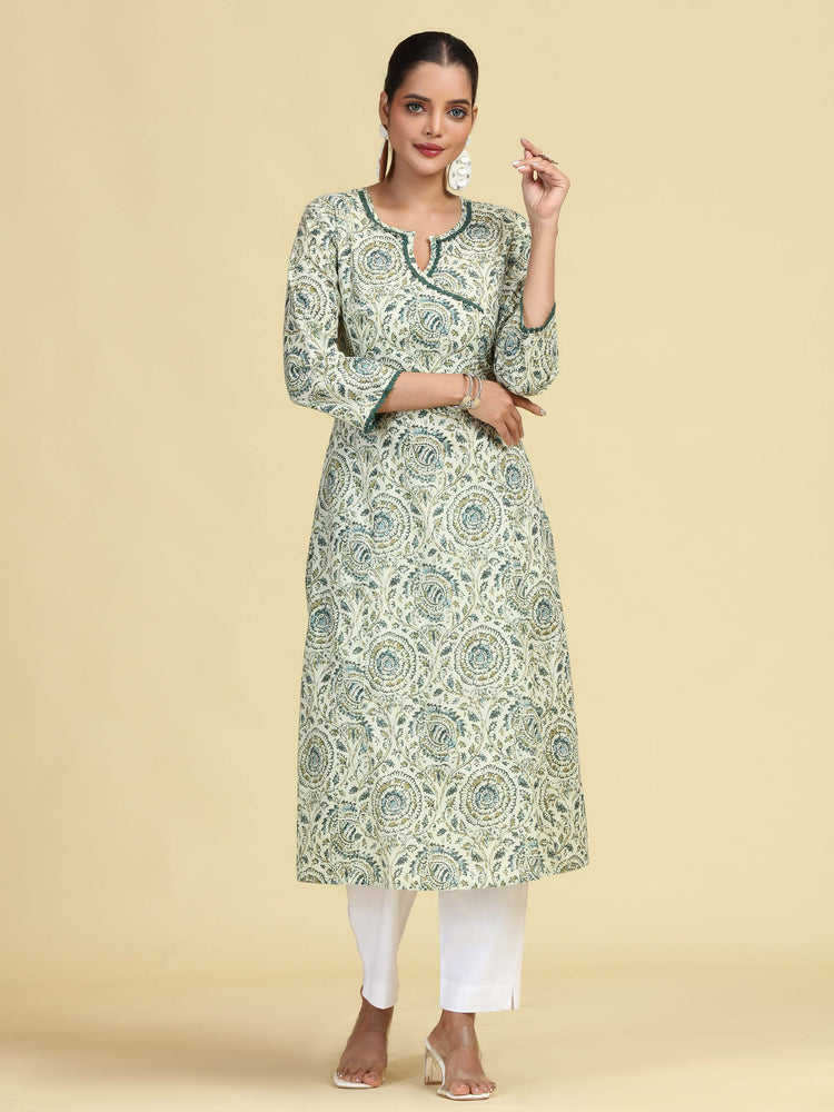 Off White & Green Printed Pure Cotton A-Line Kurta