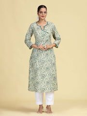 Off White & Green Printed Pure Cotton A-Line Kurta