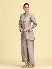 Taupe Gray Embroidered Full Sleeve Co-Ord Set