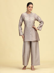 Taupe Gray Embroidered Full Sleeve Co-Ord Set