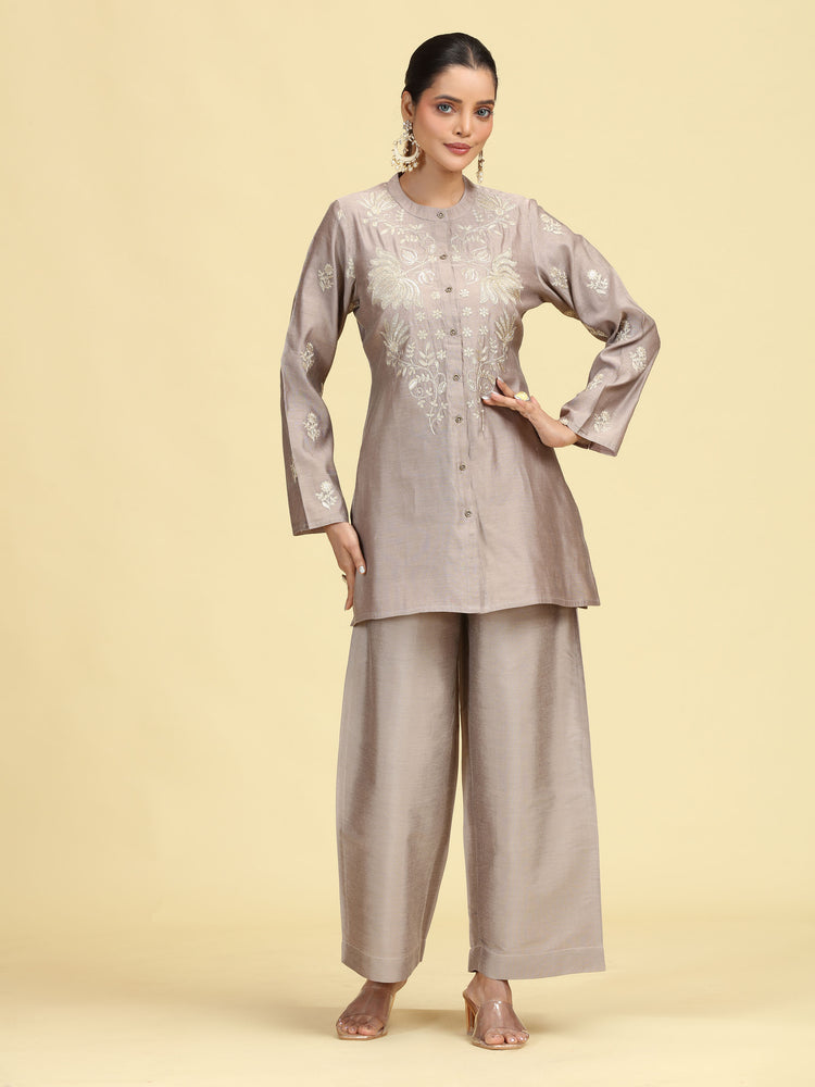 Taupe Gray Embroidered Full Sleeve Co-Ord Set