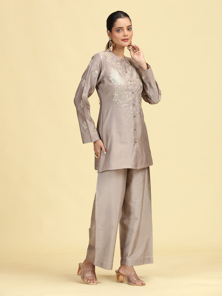 Taupe Gray Embroidered Full Sleeve Co-Ord Set