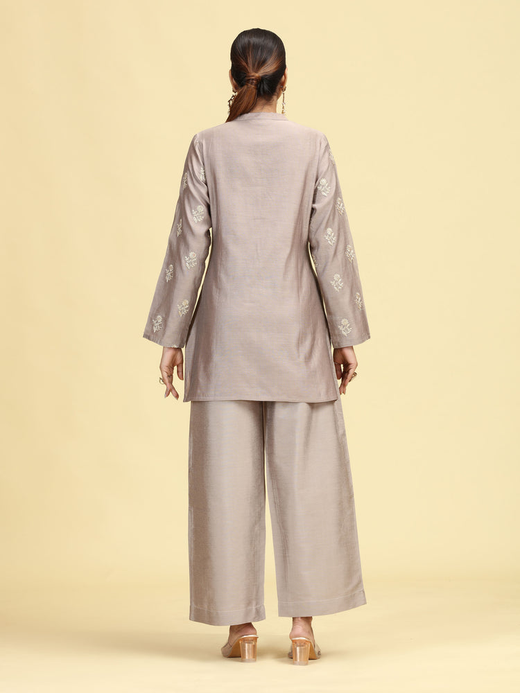 Taupe Gray Embroidered Full Sleeve Co-Ord Set