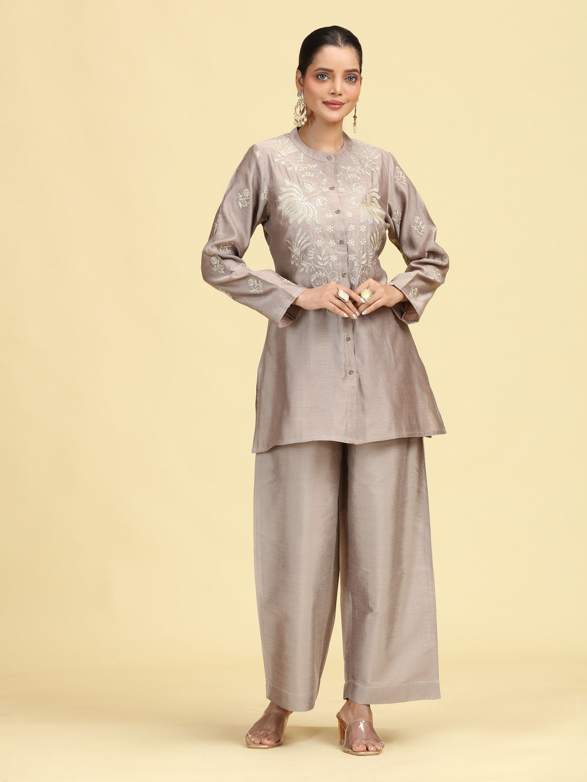 Taupe Gray Embroidered Full Sleeve Co-Ord Set