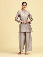 Taupe Gray Embroidered Full Sleeve Co-Ord Set