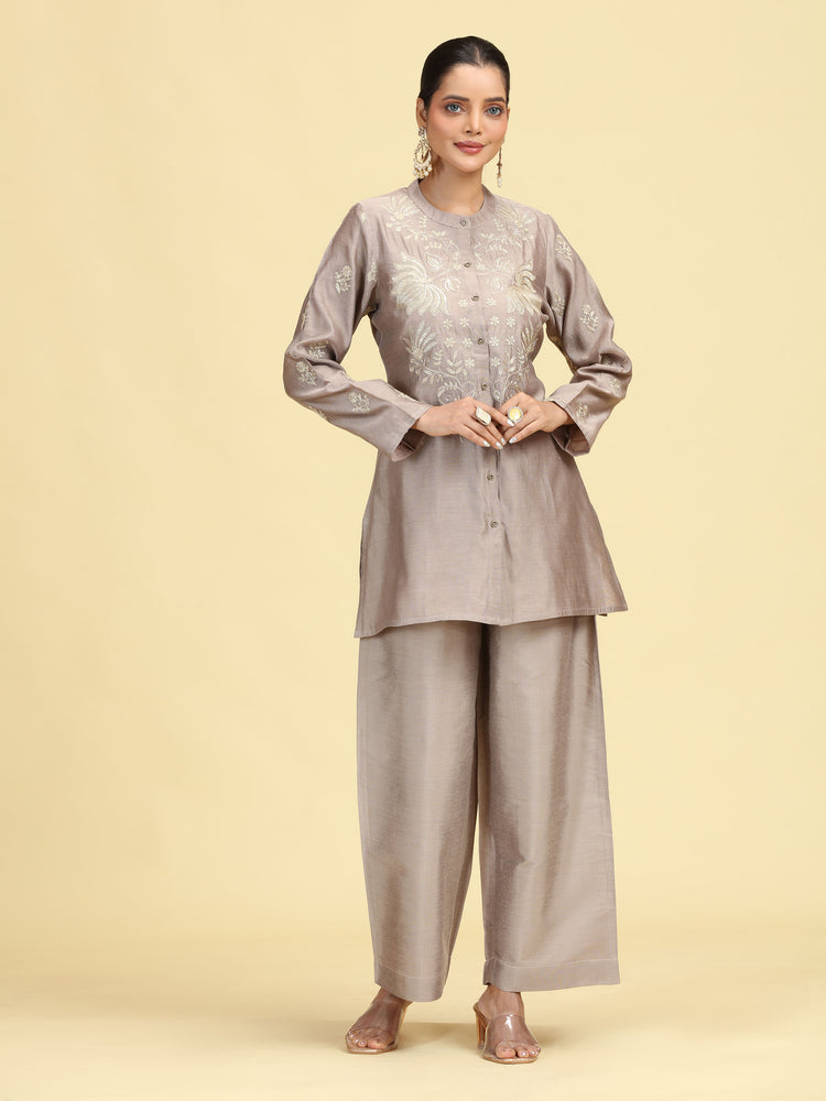 Taupe Gray Embroidered Full Sleeve Co-Ord Set