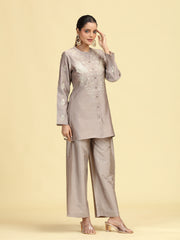 Taupe Gray Embroidered Full Sleeve Co-Ord Set