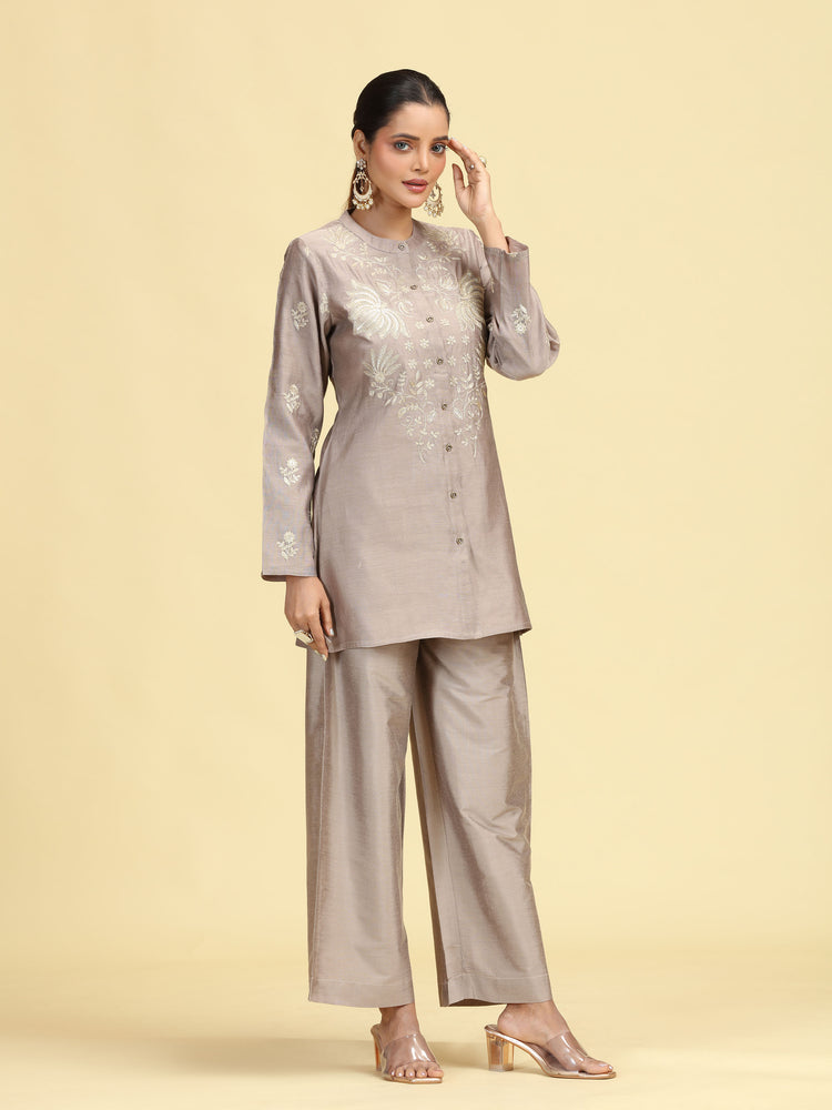 Taupe Gray Embroidered Full Sleeve Co-Ord Set