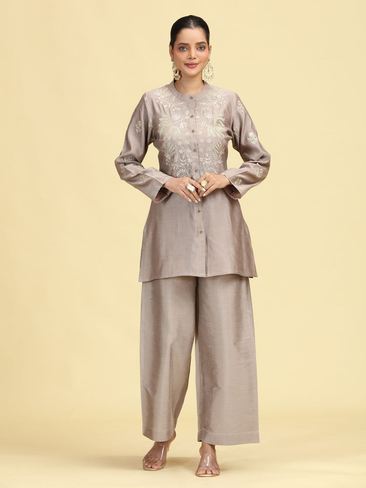 Taupe Gray Embroidered Full Sleeve Co-Ord Set