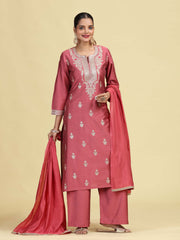 Dusty Rose Straight Embroidered Ethnic Kurta Set with Dupatta