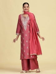 Dusty Rose Straight Embroidered Ethnic Kurta Set with Dupatta