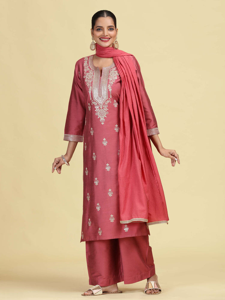 Dusty Rose Straight Embroidered Ethnic Kurta Set with Dupatta