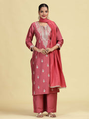 Dusty Rose Straight Embroidered Ethnic Kurta Set with Dupatta