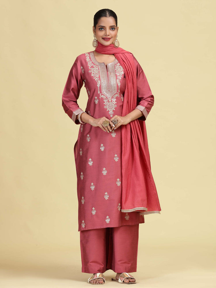Dusty Rose Straight Embroidered Ethnic Kurta Set with Dupatta