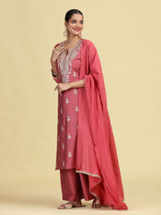Dusty Rose Straight Embroidered Ethnic Kurta Set with Dupatta