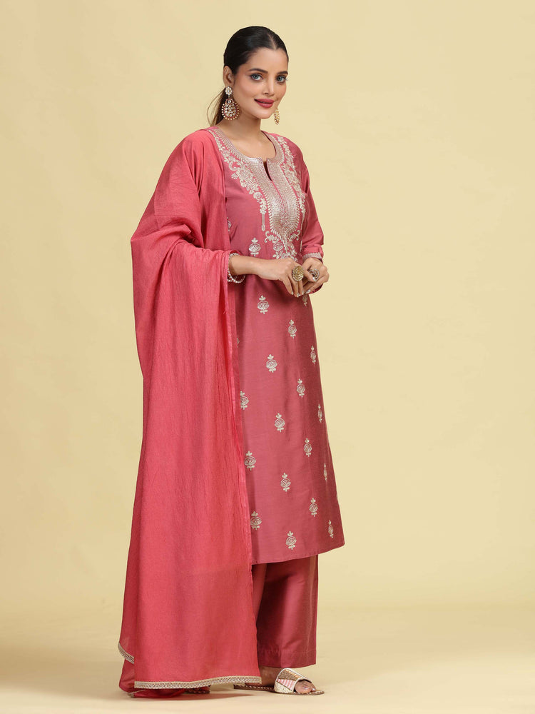 Dusty Rose Straight Embroidered Ethnic Kurta Set with Dupatta