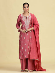 Dusty Rose Straight Embroidered Ethnic Kurta Set with Dupatta