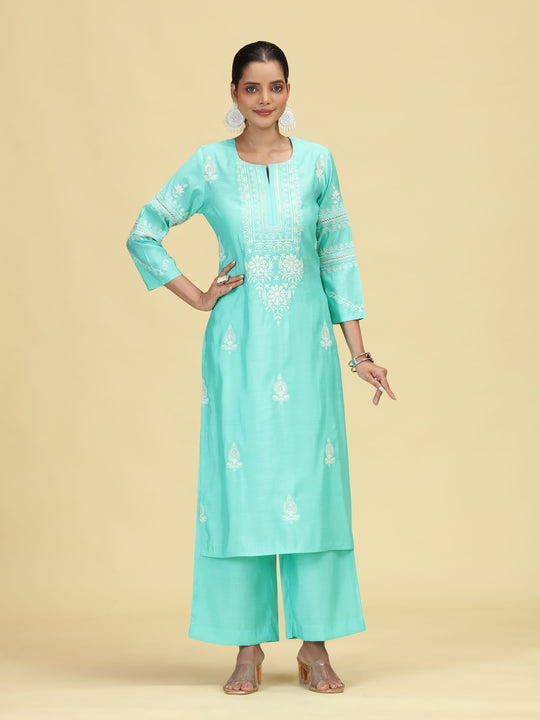 Sky Blue Embroidered Co-Ord Set Straight Kurta with Wide-Leg Pants
