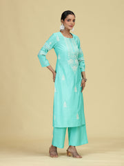 Sky Blue Embroidered Co-Ord Set Straight Kurta with Wide-Leg Pants