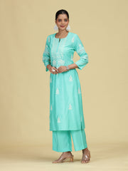 Sky Blue Embroidered Co-Ord Set Straight Kurta with Wide-Leg Pants