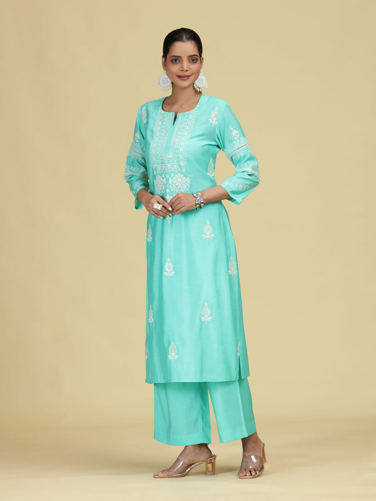 Sky Blue Embroidered Co-Ord Set Straight Kurta with Wide-Leg Pants