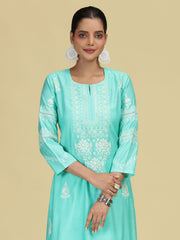 Sky Blue Embroidered Co-Ord Set Straight Kurta with Wide-Leg Pants