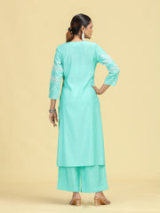 Sky Blue Embroidered Co-Ord Set Straight Kurta with Wide-Leg Pants
