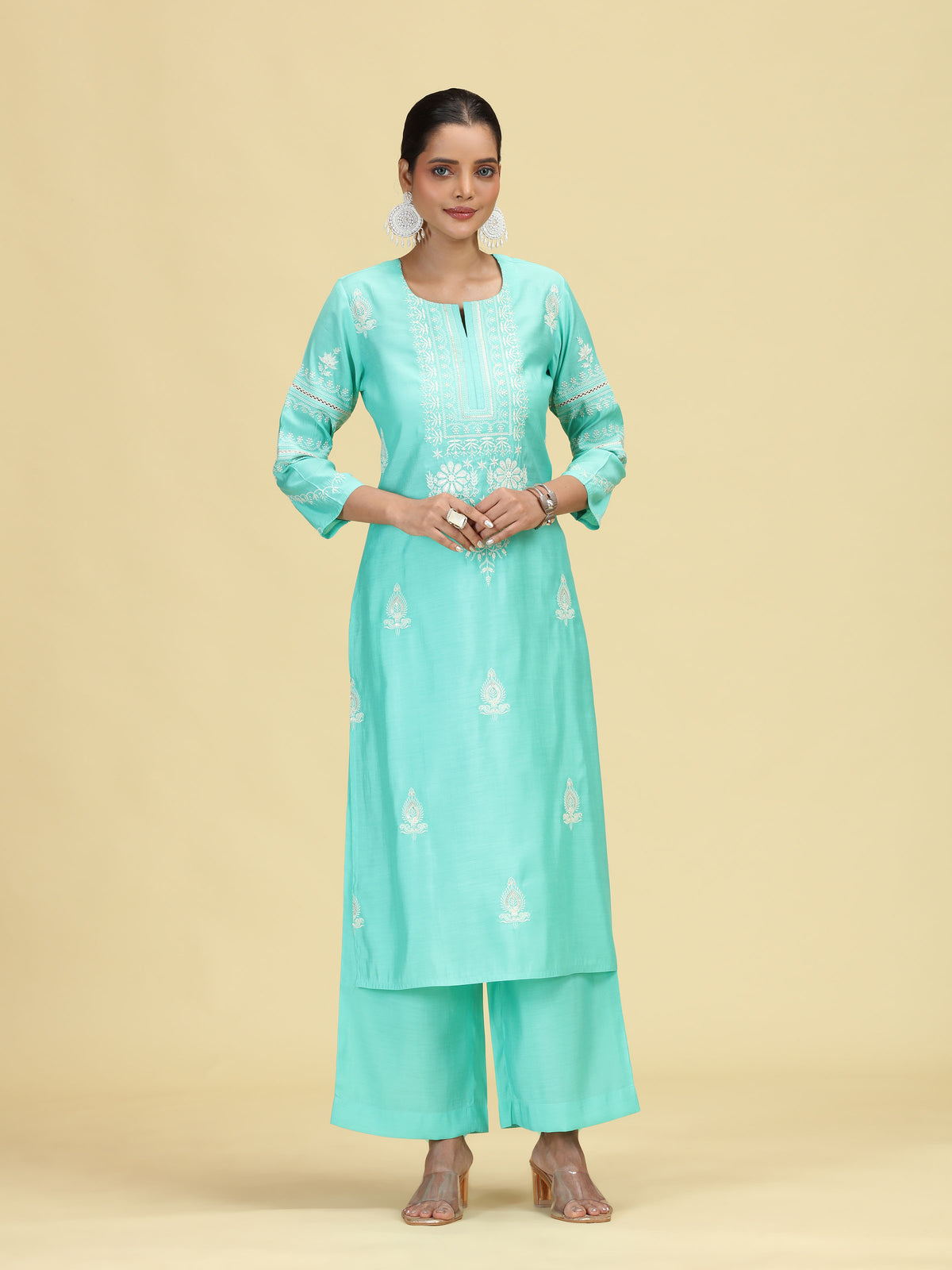 Sky Blue Embroidered Co-Ord Set Straight Kurta with Wide-Leg Pants