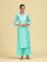 Sky Blue Embroidered Co-Ord Set Straight Kurta with Wide-Leg Pants