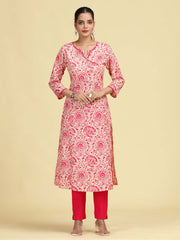 Off White & Pink Printed Pure Cotton A-Line Kurta