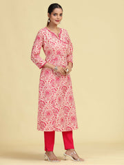 Off White & Pink Printed Pure Cotton A-Line Kurta
