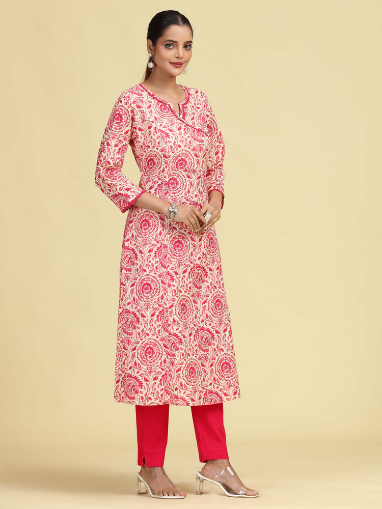 Off White & Pink Printed Pure Cotton A-Line Kurta