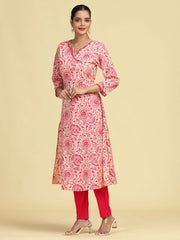 Off White & Pink Printed Pure Cotton A-Line Kurta