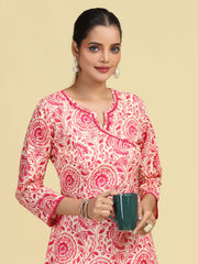 Off White & Pink Printed Pure Cotton A-Line Kurta