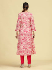 Off White & Pink Printed Pure Cotton A-Line Kurta