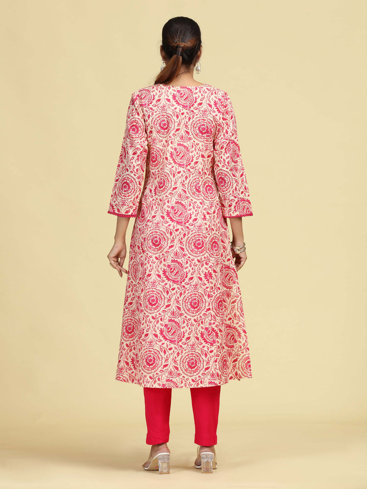 Off White & Pink Printed Pure Cotton A-Line Kurta