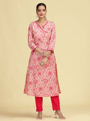 Off White & Pink Printed Pure Cotton A-Line Kurta