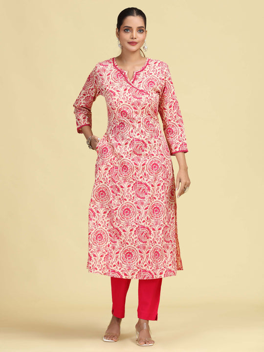 Off White & Pink Printed Pure Cotton A-Line Kurta