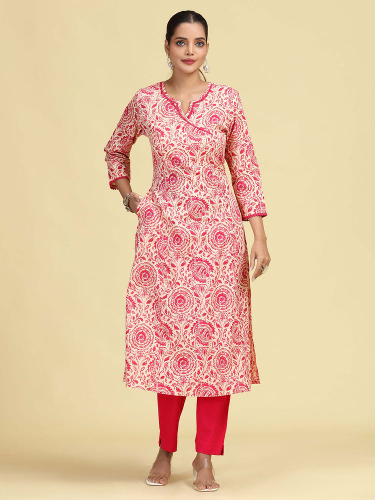 Off White & Pink Printed Pure Cotton A-Line Kurta