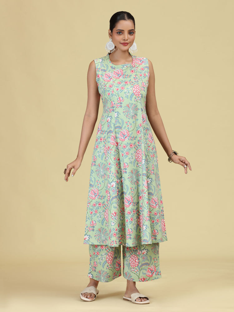 Light Green Pure Cotton Floral Printed Co-Ord Set