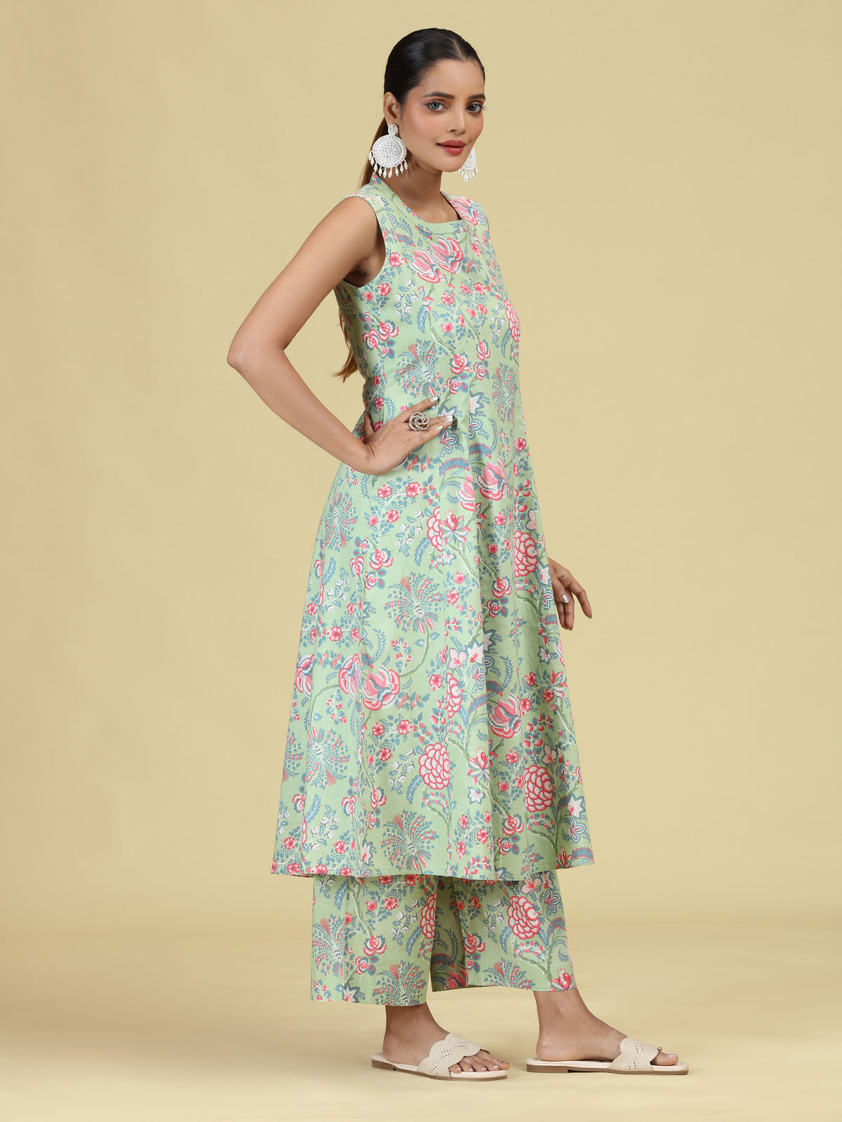 Light Green Pure Cotton Floral Printed Co-Ord Set