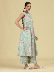 Light Green Pure Cotton Floral Printed Co-Ord Set