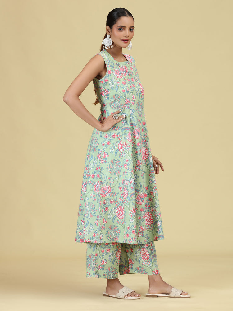 Light Green Pure Cotton Floral Printed Co-Ord Set