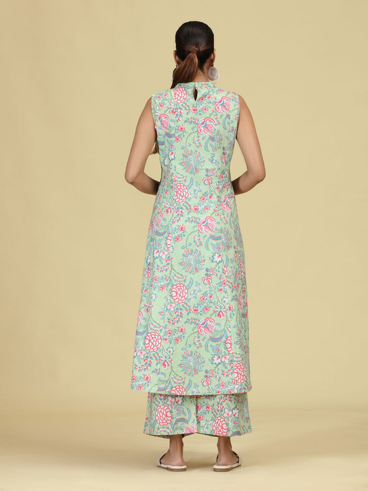 Light Green Pure Cotton Floral Printed Co-Ord Set