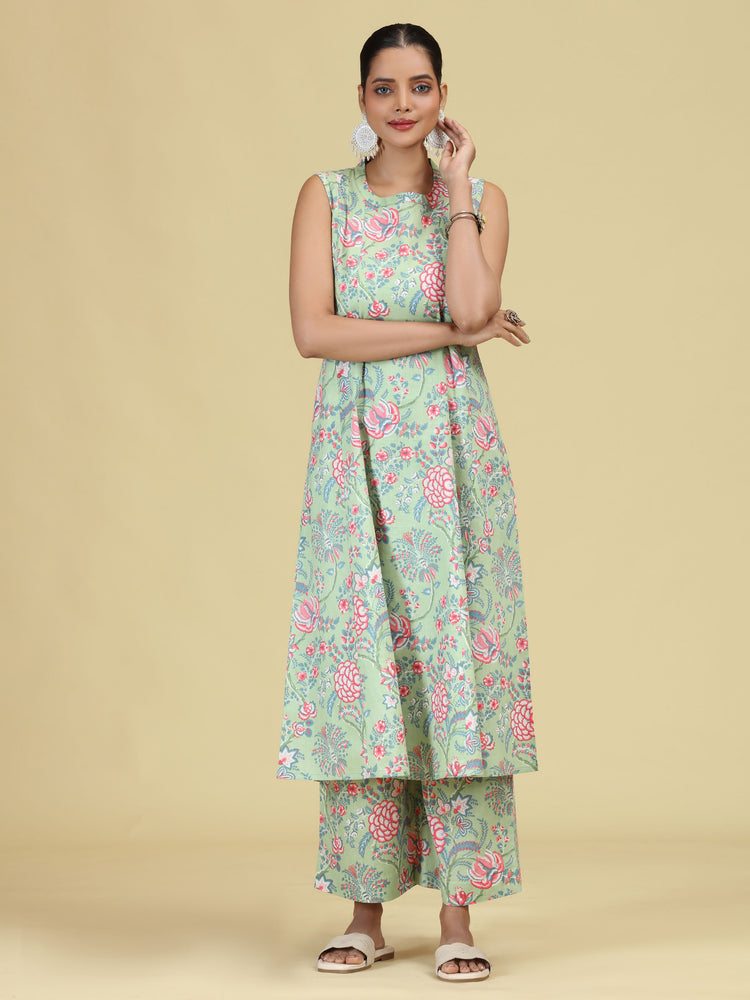 Light Green Pure Cotton Floral Printed Co-Ord Set