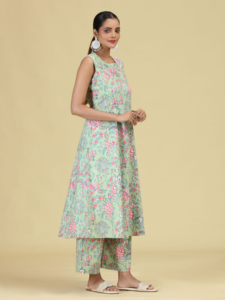Light Green Pure Cotton Floral Printed Co-Ord Set